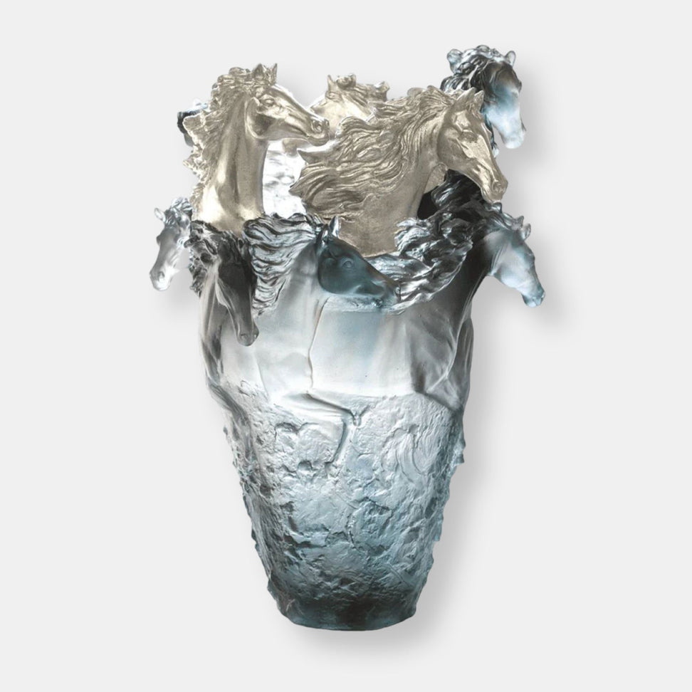 Vase magnum cheval gris bleu 2 tetes argentees