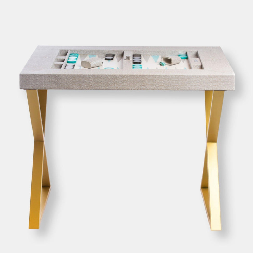 Table de backgammon pieds métal x galuchat beige doré