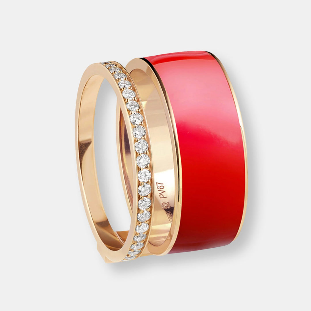 Bague berbere chromatic laqué rouge deux rangs en or rose pavée de diamants