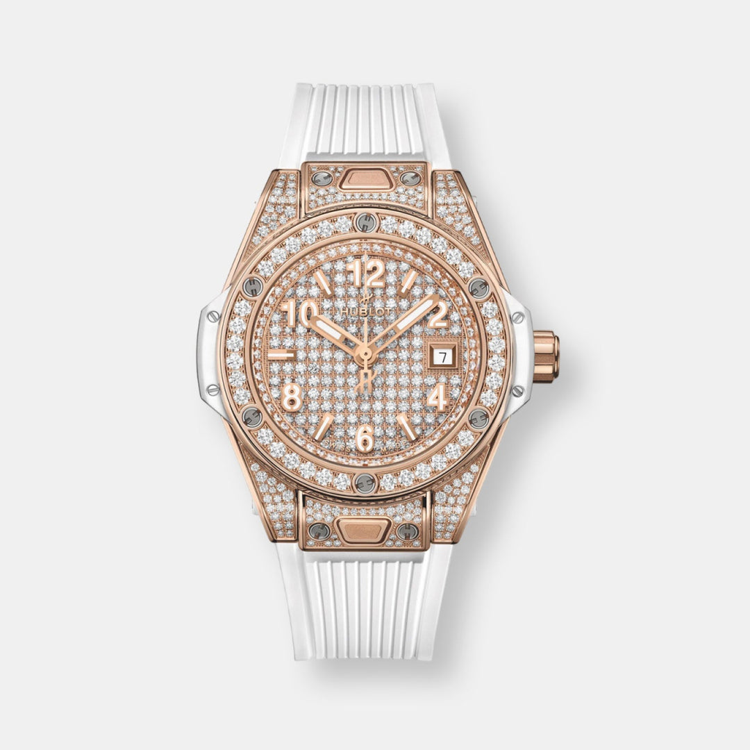 Montre big bang one click king gold white full pavé 33 mm