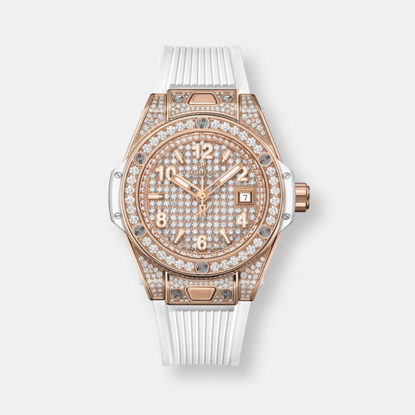 Montre big bang one click king gold white full pavé 33 mm