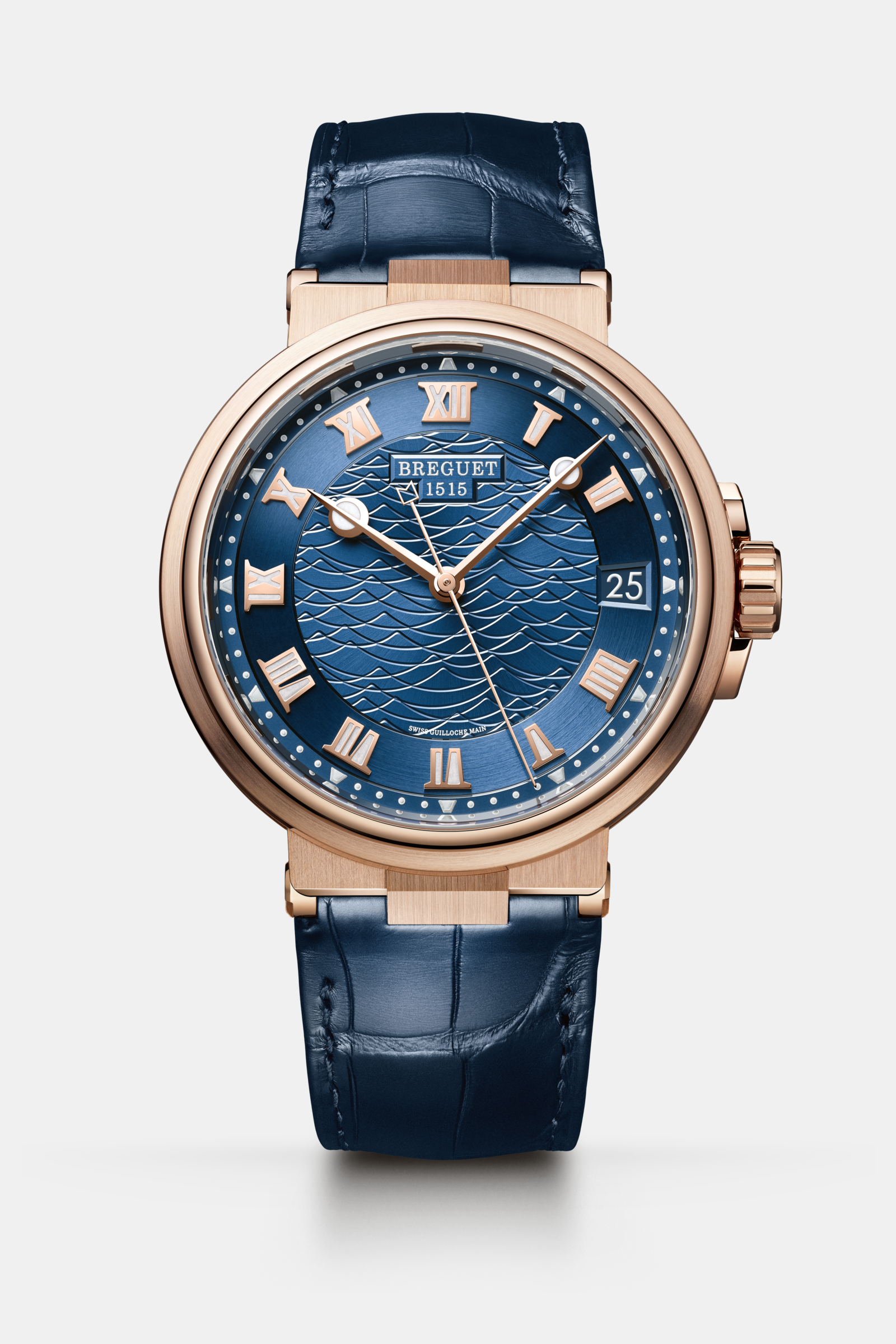 montre or rose 18k, fond saphir, cadran bleu en or, guilloché à la main