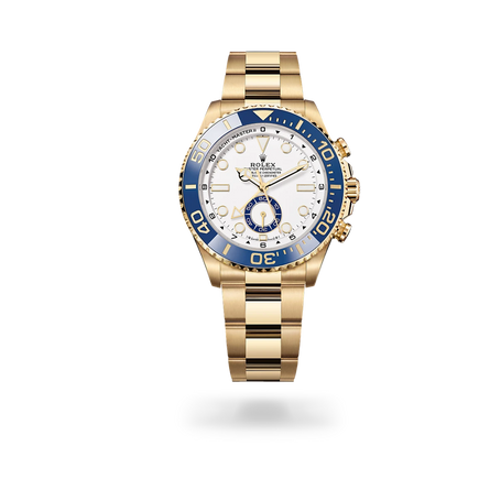 Montre Rolex Yacht-Master II dans Yacht-Master II avec un cadran Blanc, lunette Lunette tournante bidirectionnelle graduée 60 minutes avec disque Cerachrom en céramique bleue. Graduations et chiffres moulés en creux avec dépôt d’or et bracelet Oyster (3 mailles), maillons massifs.