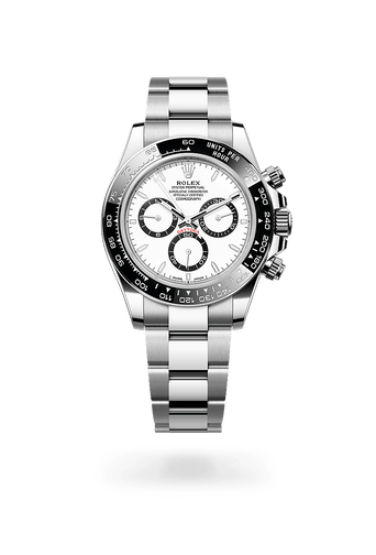 Montre Rolex Cosmograph Daytona dans Cosmograph Daytona avec un cadran Blanc, anneaux des compteurs noirs, lunette Lunette Cerachrom monobloc en céramique noire avec échelle tachymétrique moulée et bracelet Oyster (3 mailles), maillons massifs.