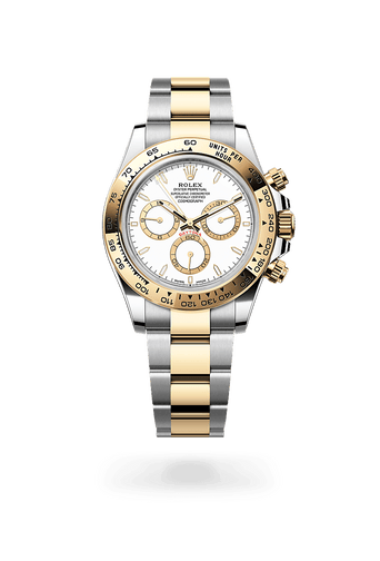 Montre Rolex Cosmograph Daytona dans Cosmograph Daytona avec un cadran Blanc, anneaux des compteurs dorés, lunette Fixe avec échelle tachymétrique gravée, en or jaune et bracelet Oyster (3 mailles), maillons massifs.