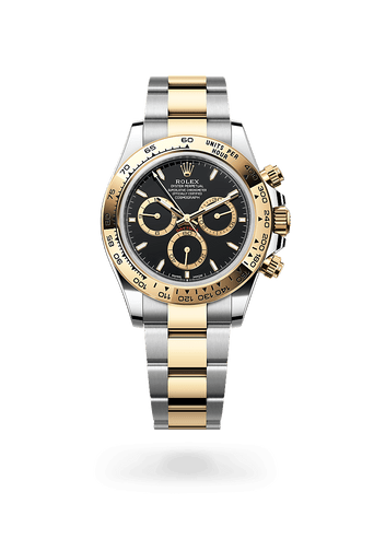 Montre Rolex Cosmograph Daytona dans Cosmograph Daytona avec un cadran Noir, anneaux des compteurs dorés, lunette Fixe avec échelle tachymétrique gravée, en or jaune et bracelet Oyster (3 mailles), maillons massifs.