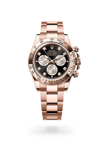 Montre Rolex Cosmograph Daytona dans Cosmograph Daytona avec un cadran Noir vif et Sundust, serti de diamants, lunette Fixe avec échelle tachymétrique gravée, en or Everose 18 ct et bracelet Oyster (3 mailles), maillons massifs.