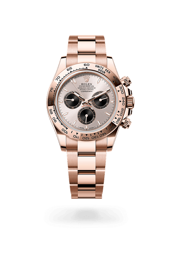 Montre Rolex Cosmograph Daytona dans Cosmograph Daytona avec un cadran Sundust et noir vif, lunette Fixe avec échelle tachymétrique gravée, en or Everose 18 ct et bracelet Oyster (3 mailles), maillons massifs.