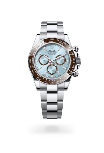 Montre Rolex Cosmograph Daytona dans Cosmograph Daytona avec un cadran Bleu glacier, anneaux des compteurs marron, serti de diamants, lunette Lunette Cerachrom monobloc marron en céramique avec chiffres et graduations moulés et bracelet Oyster (3 mailles), maillons massifs.