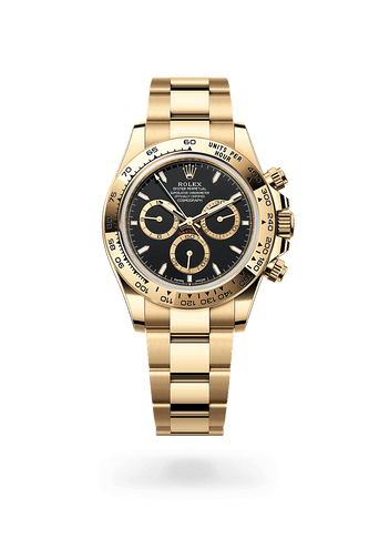 Montre Rolex Cosmograph Daytona dans Cosmograph Daytona avec un cadran Noir, anneaux des compteurs dorés, lunette Fixe avec échelle tachymétrique gravée, en or jaune 18 ct et bracelet Oyster (3 mailles), maillons massifs.