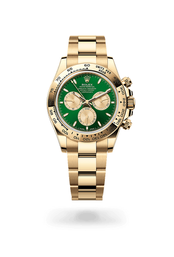 Montre Rolex Cosmograph Daytona dans Cosmograph Daytona avec un cadran Vert vif et doré, lunette Fixe avec échelle tachymétrique gravée, en or jaune 18 ct et bracelet Oyster (3 mailles), maillons massifs.