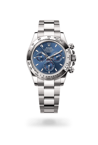 Montre Rolex Cosmograph Daytona dans Cosmograph Daytona avec un cadran Bleu vif, lunette Fixe avec échelle tachymétrique gravée, en or gris 18 ct et bracelet Oyster (3 mailles), maillons massifs.