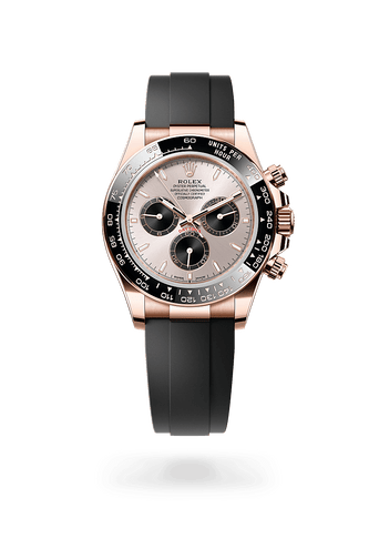 Montre Rolex Cosmograph Daytona dans Cosmograph Daytona avec un cadran Sundust et noir vif, lunette Cerachrom monobloc en céramique noire avec échelle tachymétrique moulée et bracelet Oysterflex.