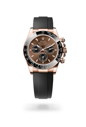 Montre Rolex Cosmograph Daytona dans Cosmograph Daytona avec un cadran Chocolat vif et noir, lunette Cerachrom monobloc en céramique noire avec échelle tachymétrique moulée et bracelet Oysterflex.