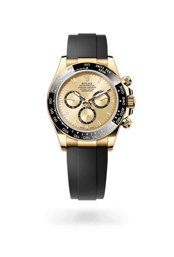 Montre Rolex Cosmograph Daytona dans Cosmograph Daytona avec un cadran Doré, anneaux des compteurs noirs, lunette Lunette Cerachrom monobloc en céramique noire avec échelle tachymétrique moulée et bracelet Oysterflex.