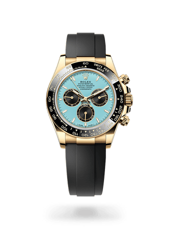 Montre Rolex Cosmograph Daytona dans Cosmograph Daytona avec un cadran Bleu turquoise et noir, lunette Lunette Cerachrom monobloc en céramique noire avec échelle tachymétrique moulée et bracelet Oysterflex.