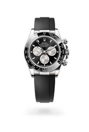 Montre Rolex Cosmograph Daytona dans Cosmograph Daytona avec un cadran Noir vif et acier, lunette Lunette Cerachrom monobloc en céramique noire avec échelle tachymétrique moulée et bracelet Oysterflex.