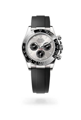 Montre Rolex Cosmograph Daytona dans Cosmograph Daytona avec un cadran Acier et noir vif, lunette Lunette Cerachrom monobloc en céramique noire avec échelle tachymétrique moulée et bracelet Oysterflex.