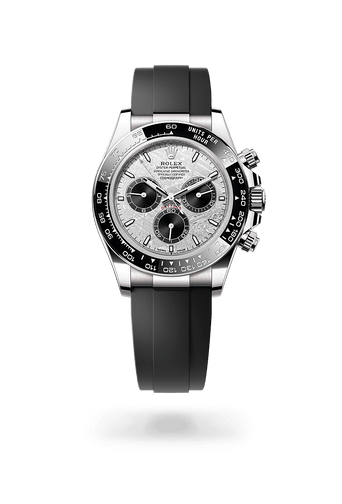 Montre Rolex Cosmograph Daytona dans Cosmograph Daytona avec un cadran Météorite et noir, lunette Lunette Cerachrom monobloc en céramique noire avec échelle tachymétrique moulée et bracelet Oysterflex.