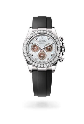 Montre Rolex Cosmograph Daytona dans Cosmograph Daytona avec un cadran Nacre blanche et noire, serti de diamants, lunette Serti de diamants et bracelet Oysterflex.