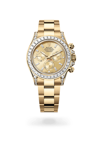 Montre Rolex Cosmograph Daytona dans Cosmograph Daytona avec un cadran Doré, serti de diamants, lunette Sertie de diamants et bracelet Oyster (3 mailles), maillons massifs.