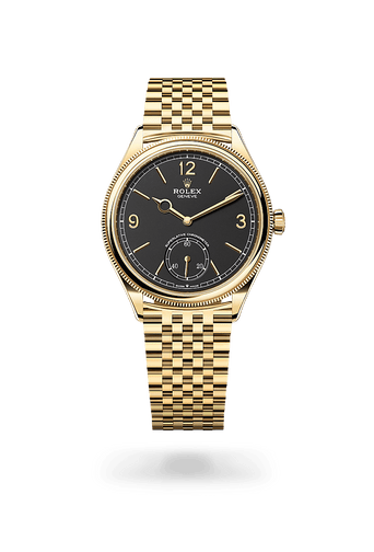 Montre Rolex 1908 dans 1908 avec un cadran Noir intense, lunette Bombée et cannelée et bracelet Settimo (7 mailles), maillons massifs.