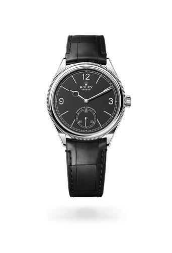 Montre Rolex 1908 dans 1908 avec un cadran Noir intense, lunette Bombée et cannelée et bracelet Bracelet en cuir.